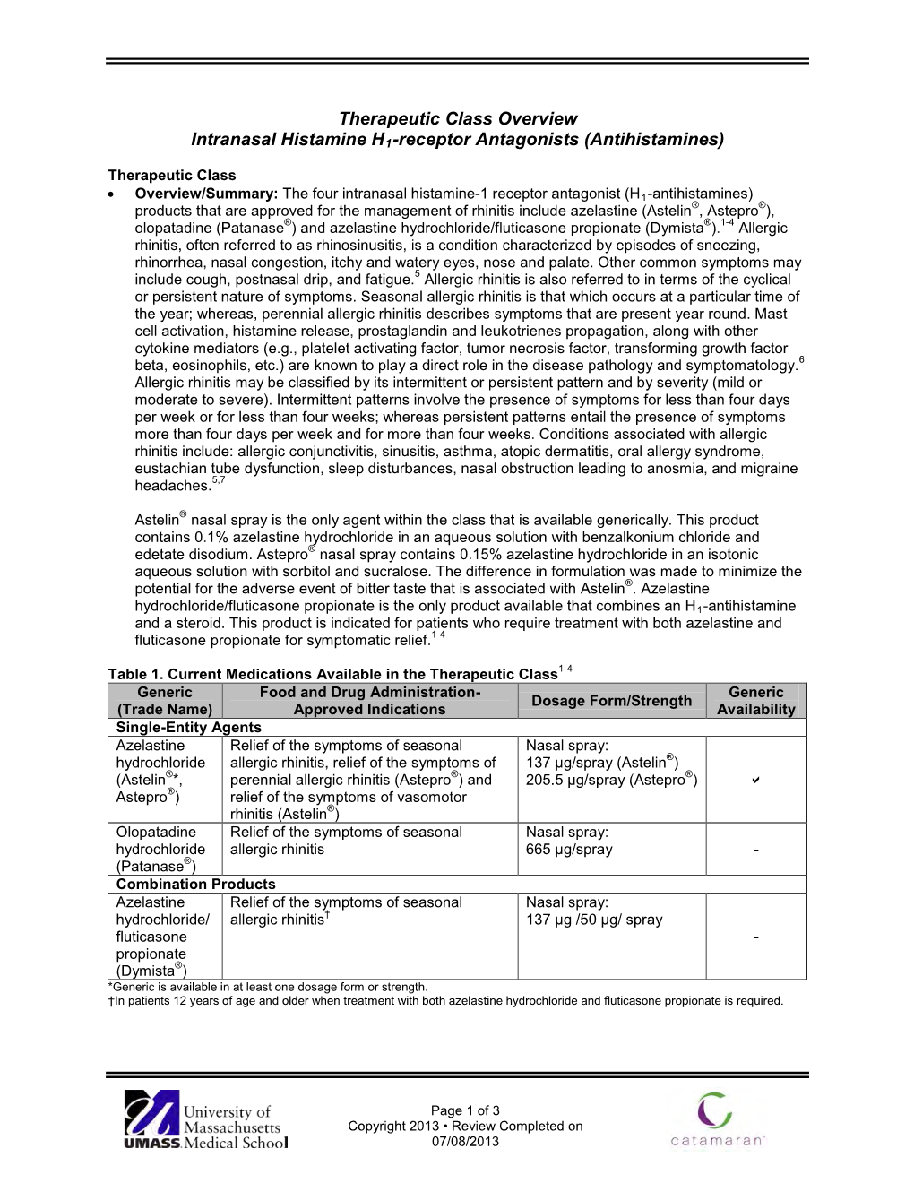 Therapeutic Class Overview Intranasal Histamine H1-Receptor Antagonists (Antihistamines)