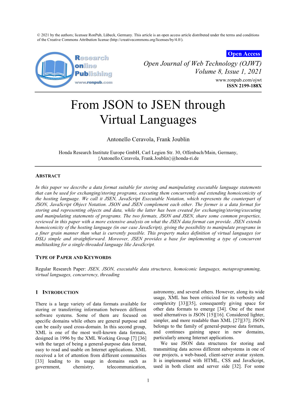 From JSON to JSEN Through Virtual Languages of the Creative Commons Attribution License (