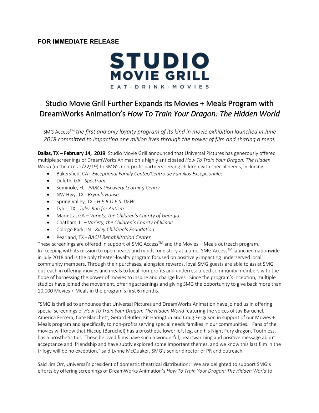 Studio Movie Grill Further Expands Its Movies + Meals Program with Dreamworks Animation’S How to Train Your Dragon: the Hidden World