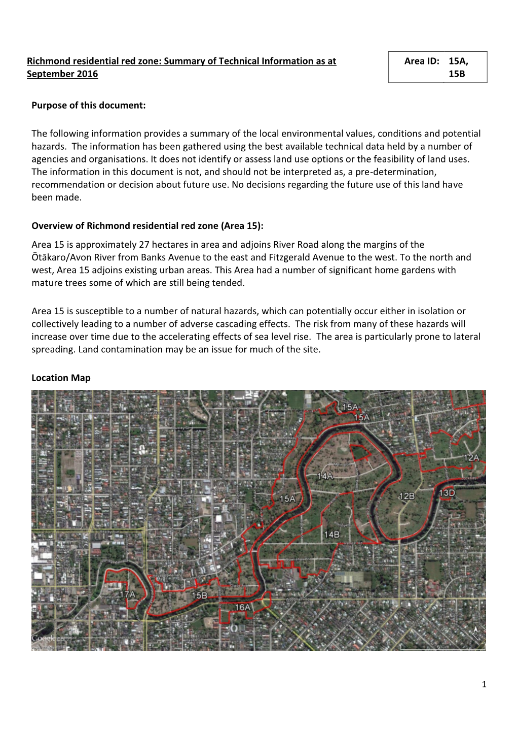 Richmond Residential Red Zone: Summary of Technical Information As at Area ID: 15A, September 2016 15B