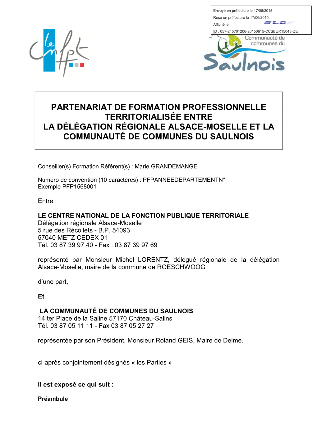 Partenariat De Formation Professionnelle Territorialisée Entre La Délégation Régionale Alsace-Moselle Et La Communauté De Communes Du Saulnois