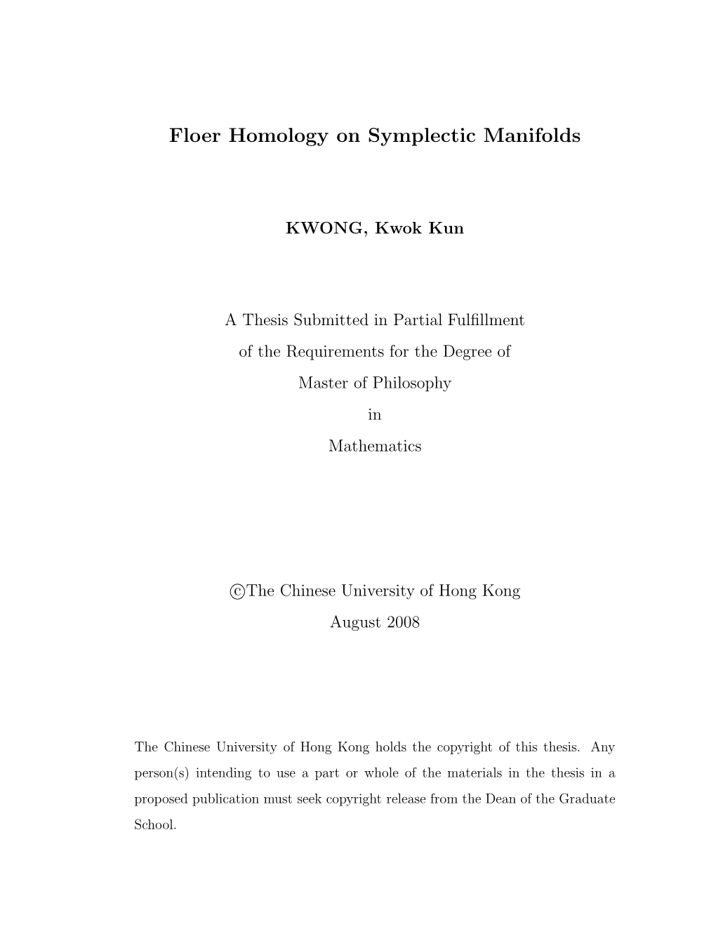 Floer Homology on Symplectic Manifolds