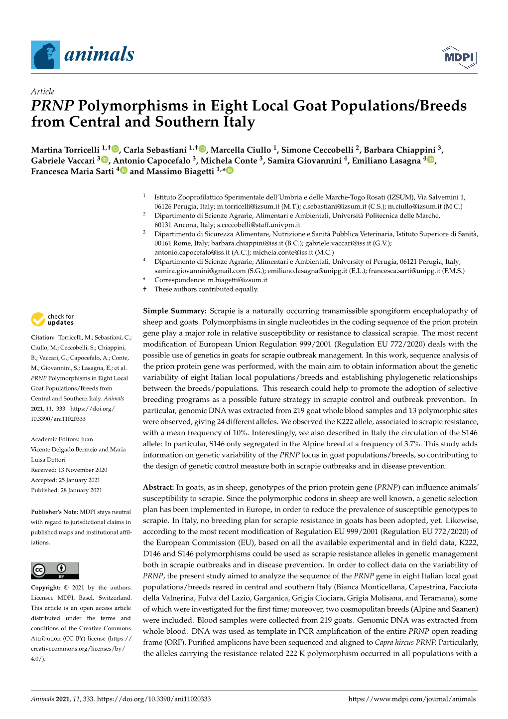 PRNP Polymorphisms in Eight Local Goat Populations/Breeds from Central and Southern Italy