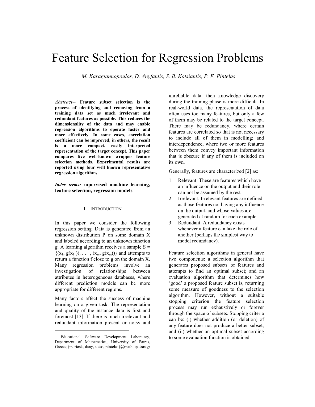 Feature Selection for Regression Problems