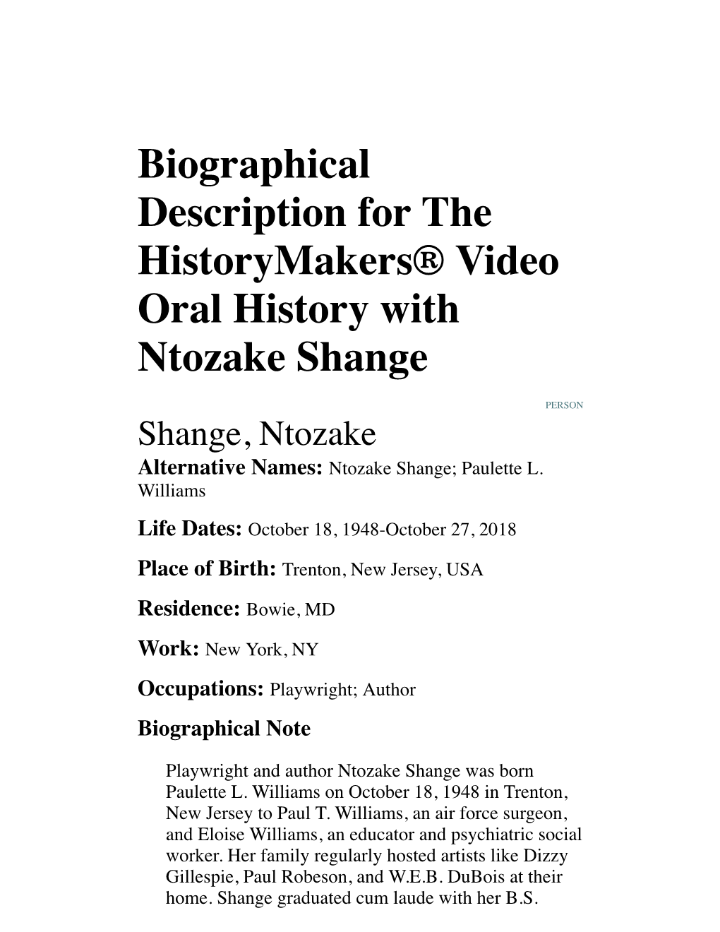 Biographical Description for the Historymakers® Video Oral History with Ntozake Shange