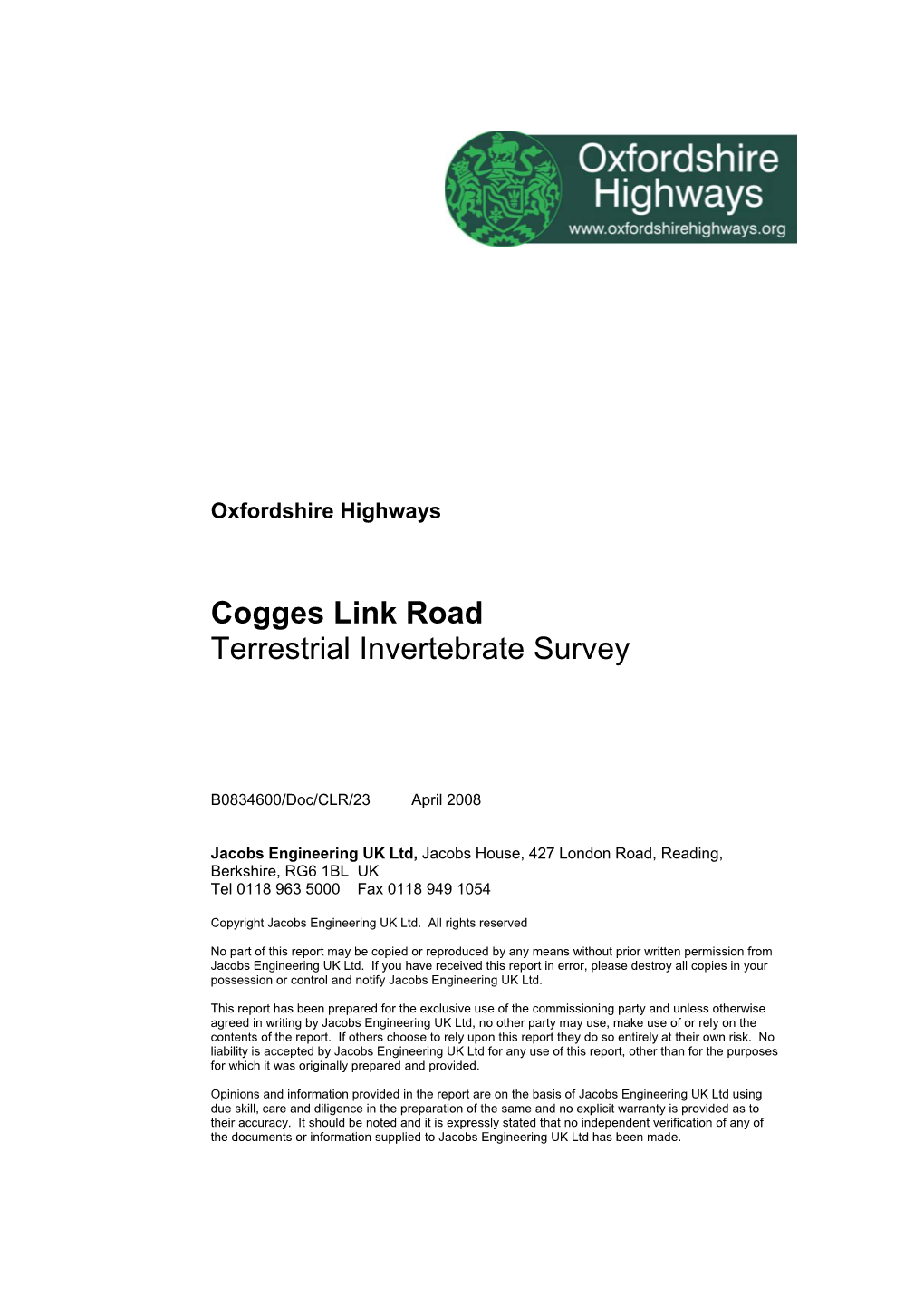 Cogges Link Road Terrestrial Invertebrate Survey