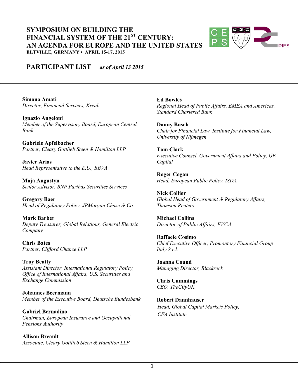 2015 Europe – US Symposium Participant List
