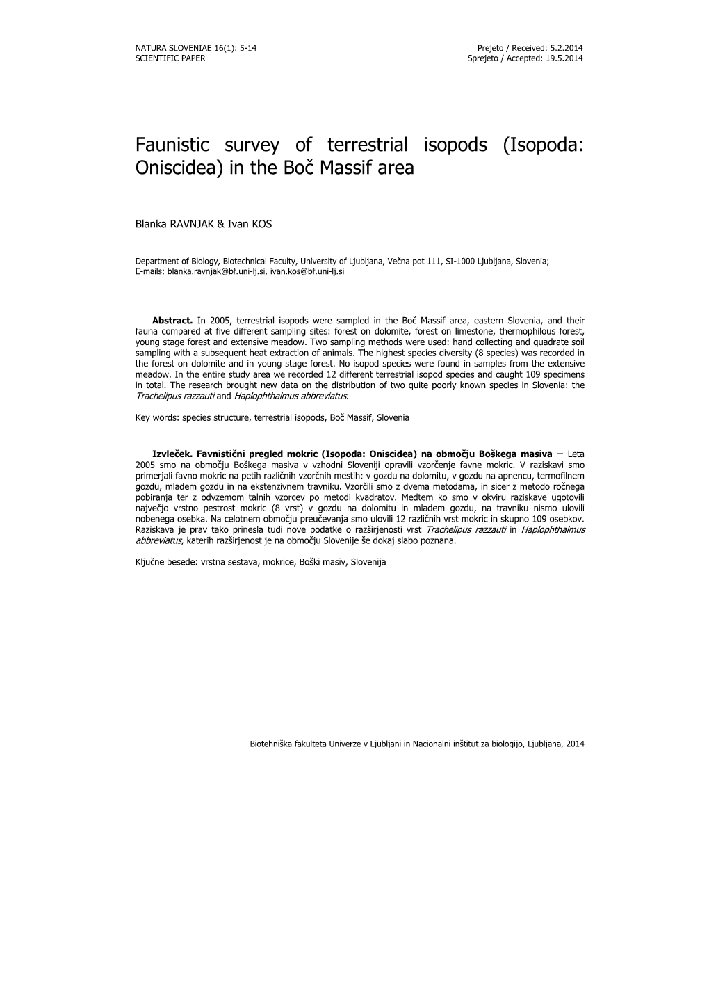 Faunistic Survey of Terrestrial Isopods (Isopoda: Oniscidea) in the Boč Massif Area