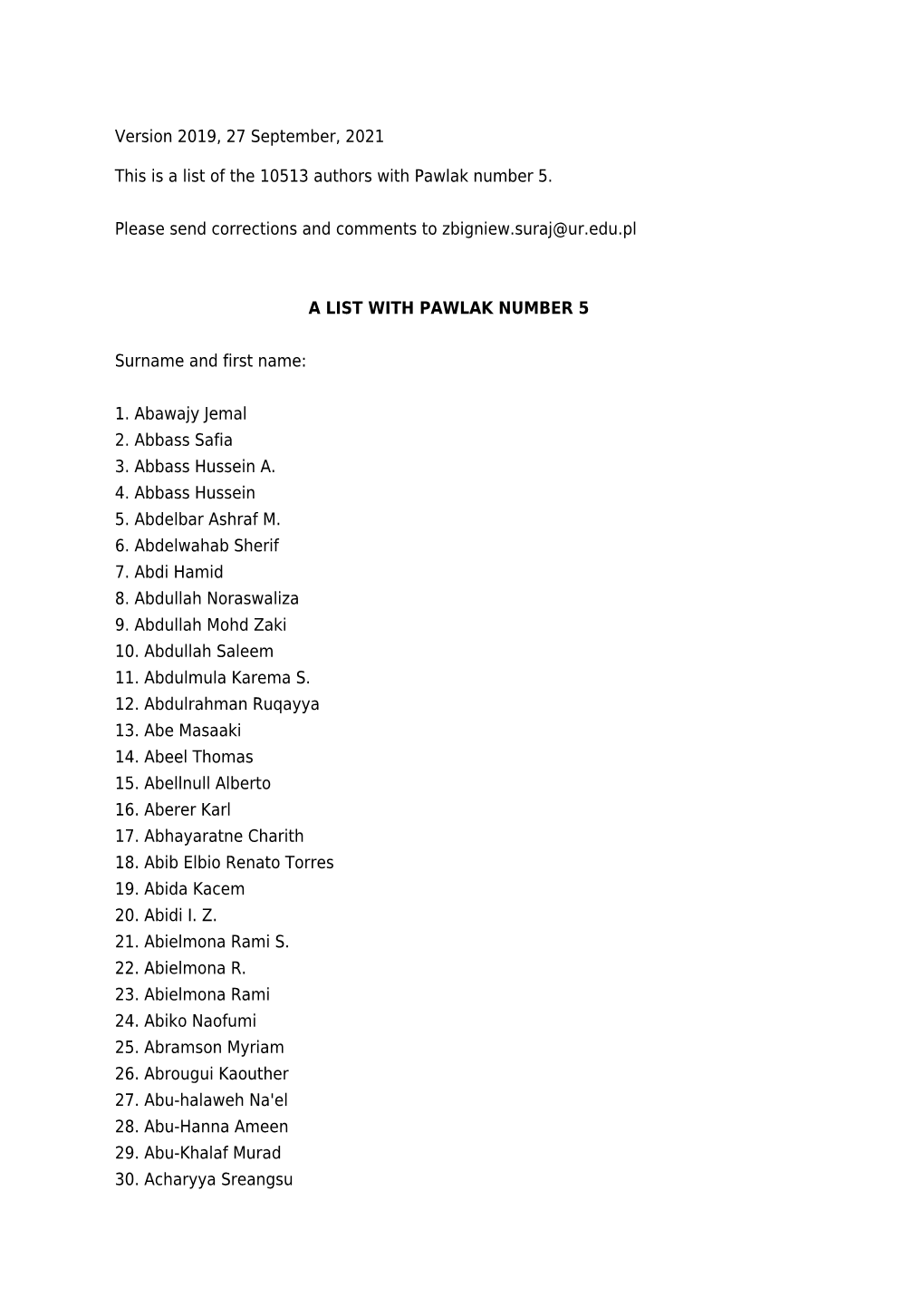 Version 2019, 13 July, 2021 This Is a List of the 10513 Authors With