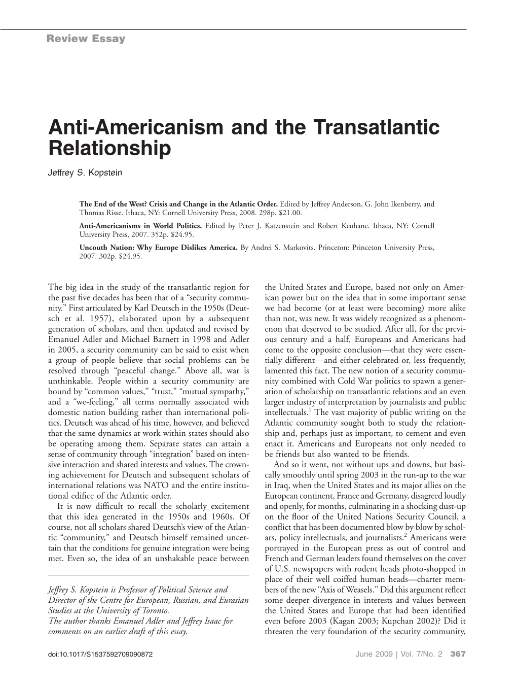 Anti-Americanism and the Transatlantic Relationship