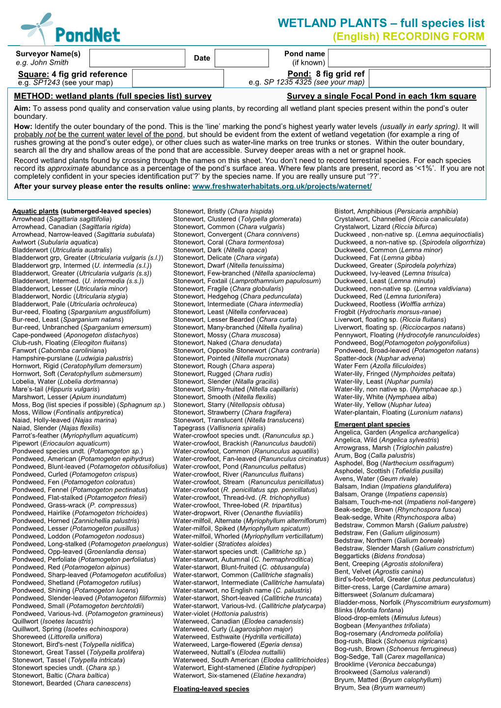 WETLAND PLANTS – Full Species List (English) RECORDING FORM