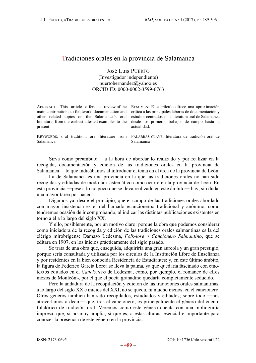 Tradiciones Orales En La Provincia De Salamanca