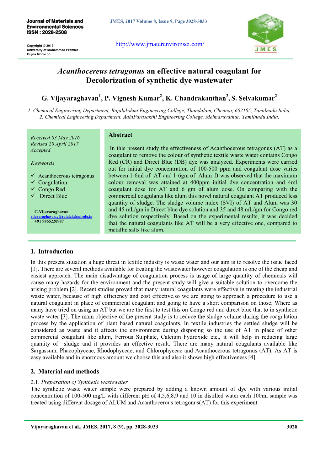 Acanthocereus Tetragonus an Effective Natural Coagulant for Decolorization of Synthetic Dye Wastewater