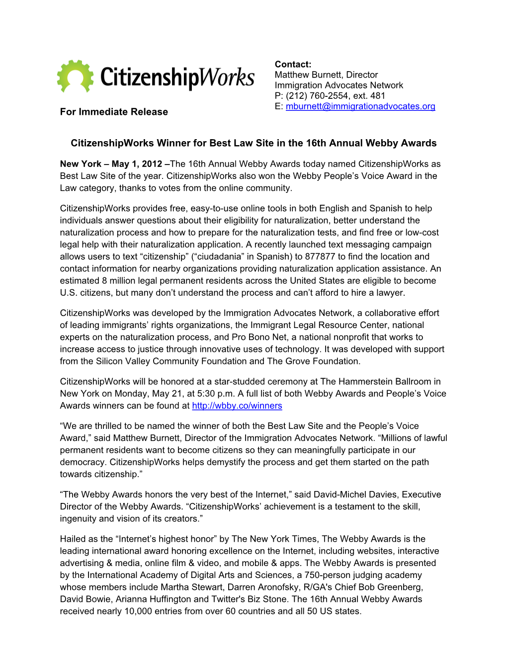 For Immediate Release Citizenshipworks Winner for Best