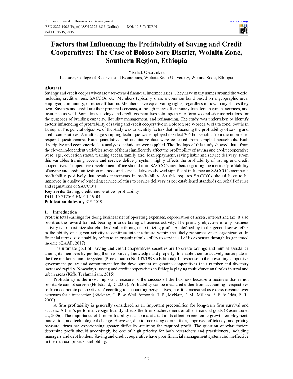 Factors That Influencing the Profitability of Saving and Credit Cooperatives: the Case of Boloso Sore District, Wolaita Zone, Southern Region, Ethiopia