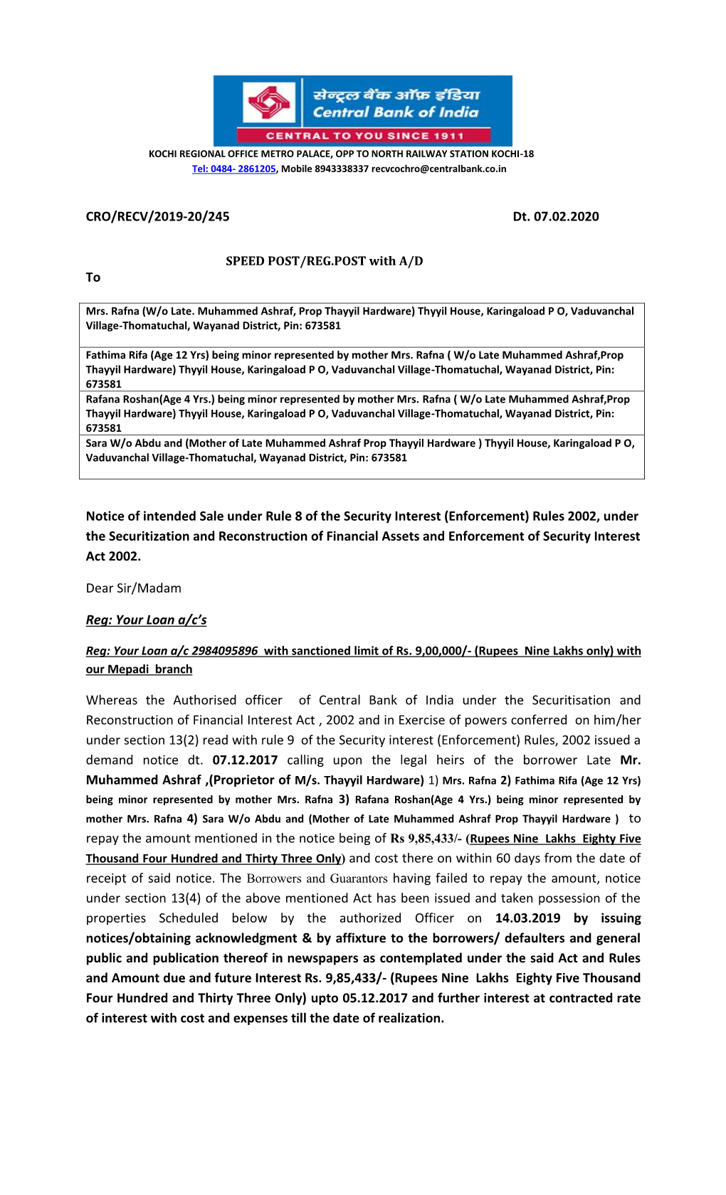 Enforcement) Rules 2002, Under the Securitization and Reconstruction of Financial Assets and Enforcement of Security Interest Act 2002