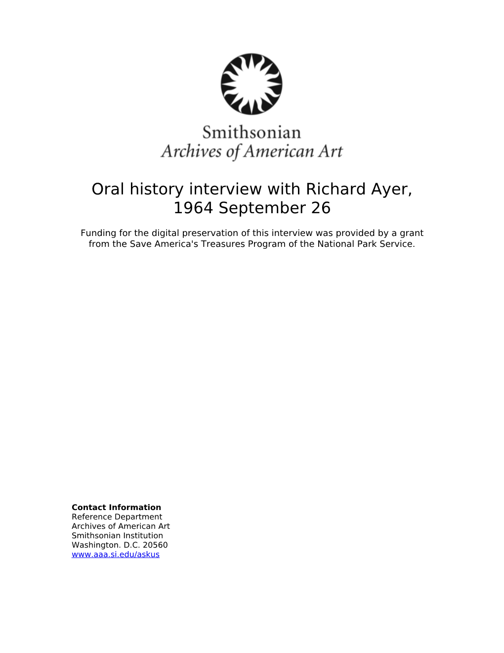 Oral History Interview with Richard Ayer, 1964 September 26