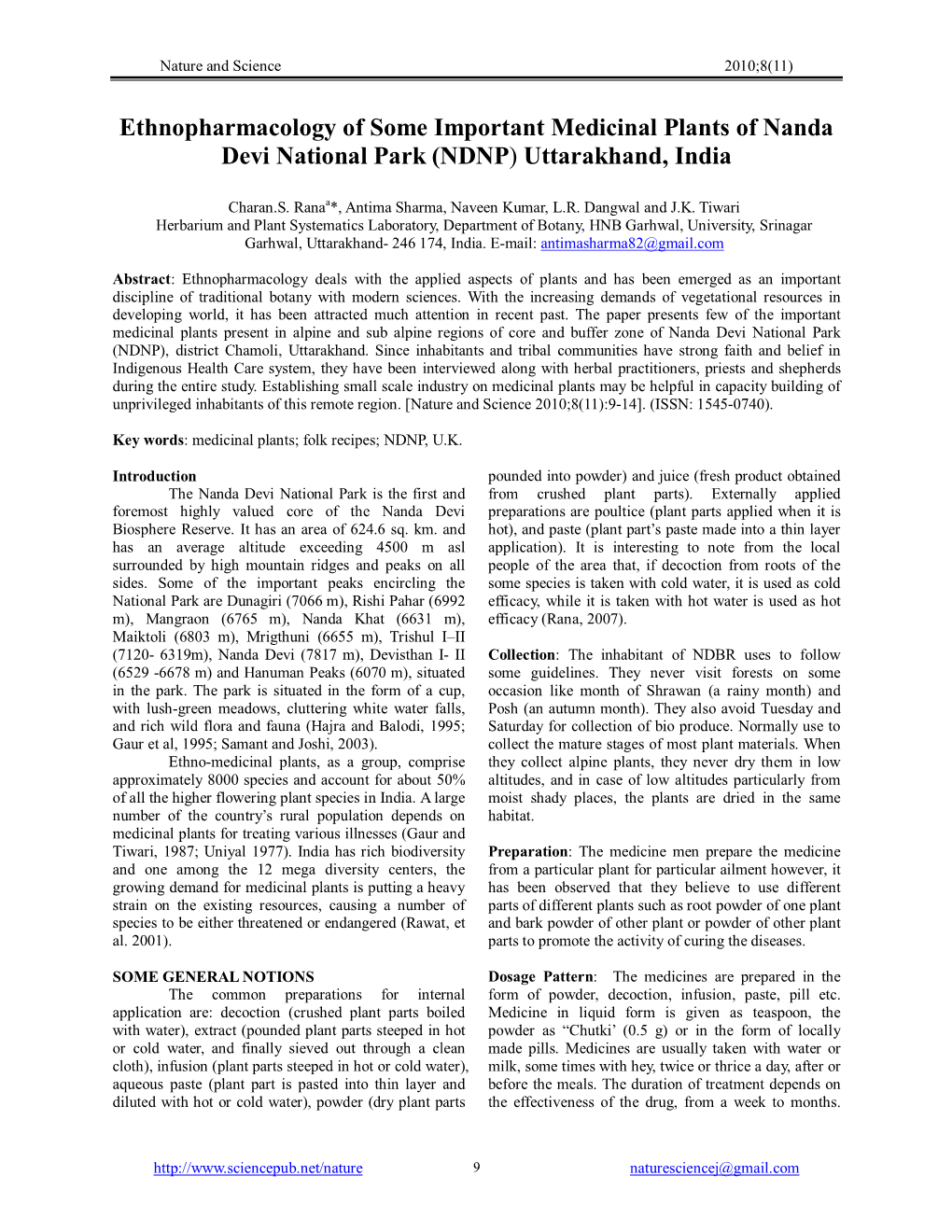 Ethnopharmacology of Some Important Medicinal Plants of Nanda Devi National Park (NDNP) Uttarakhand, India