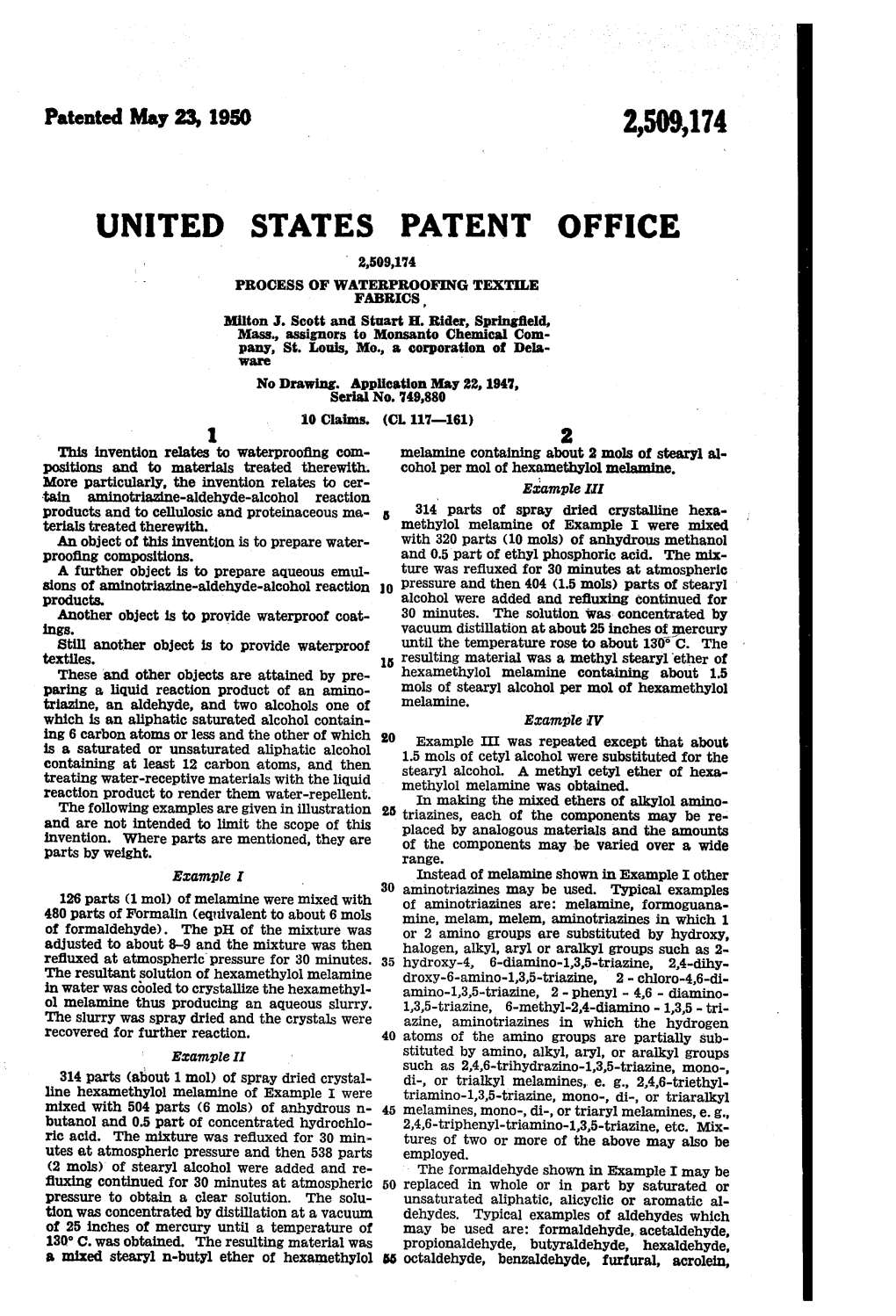 UNITED STATES PATENT OFFICE 2,509,174 PROCESS of WATERPROOF NG TEXT LE Fabrics Milton J