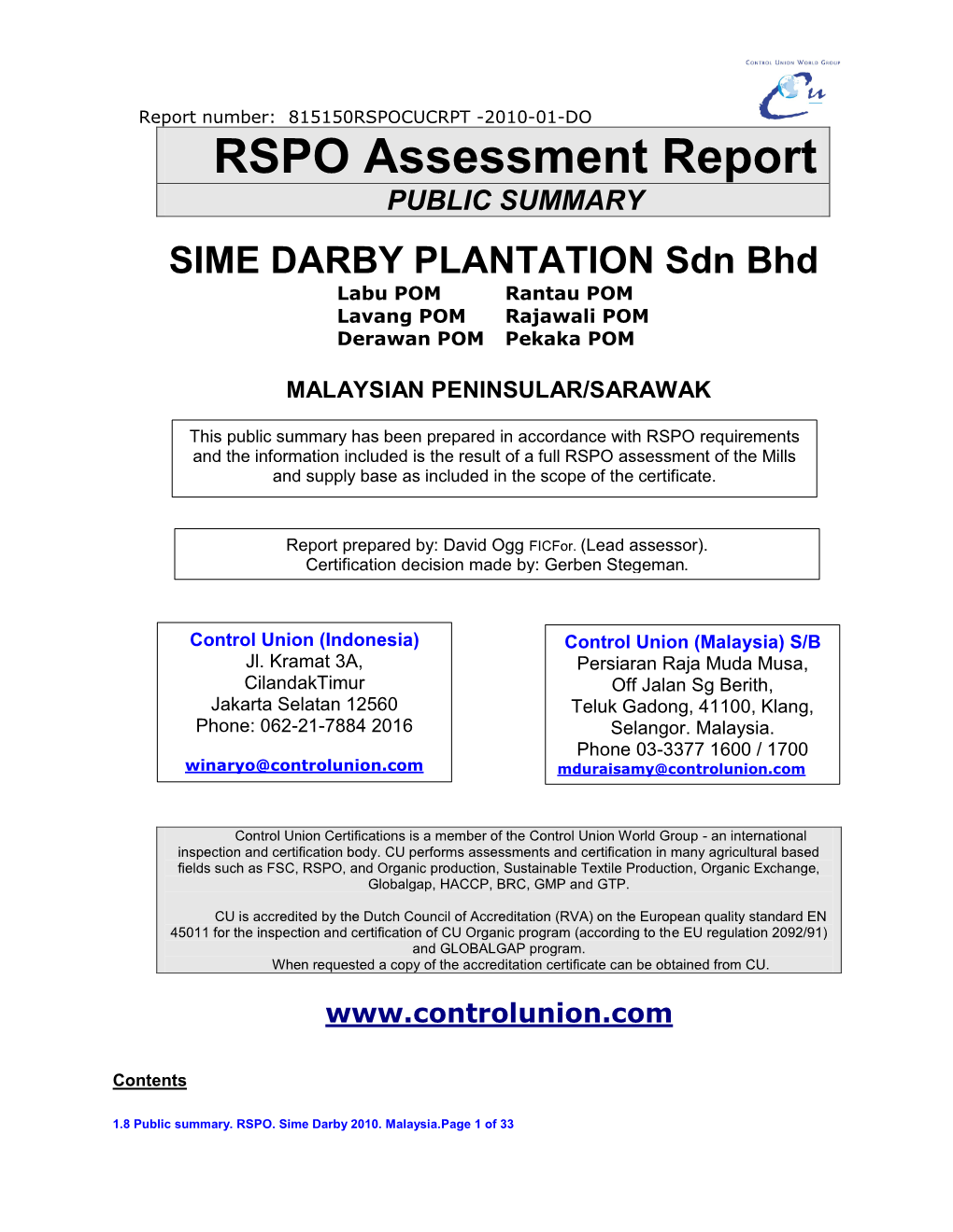 RSPO Assessment Report PUBLIC SUMMARY