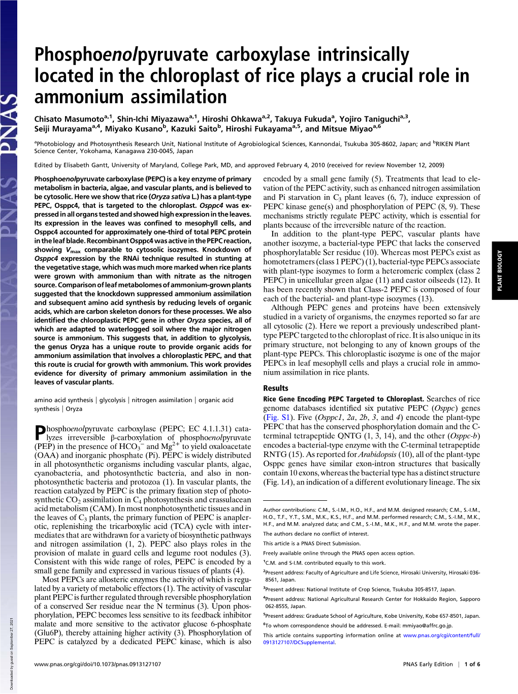 Phosphoenolpyruvate Carboxylase Intrinsically Located in the Chloroplast of Rice Plays a Crucial Role in Ammonium Assimilation