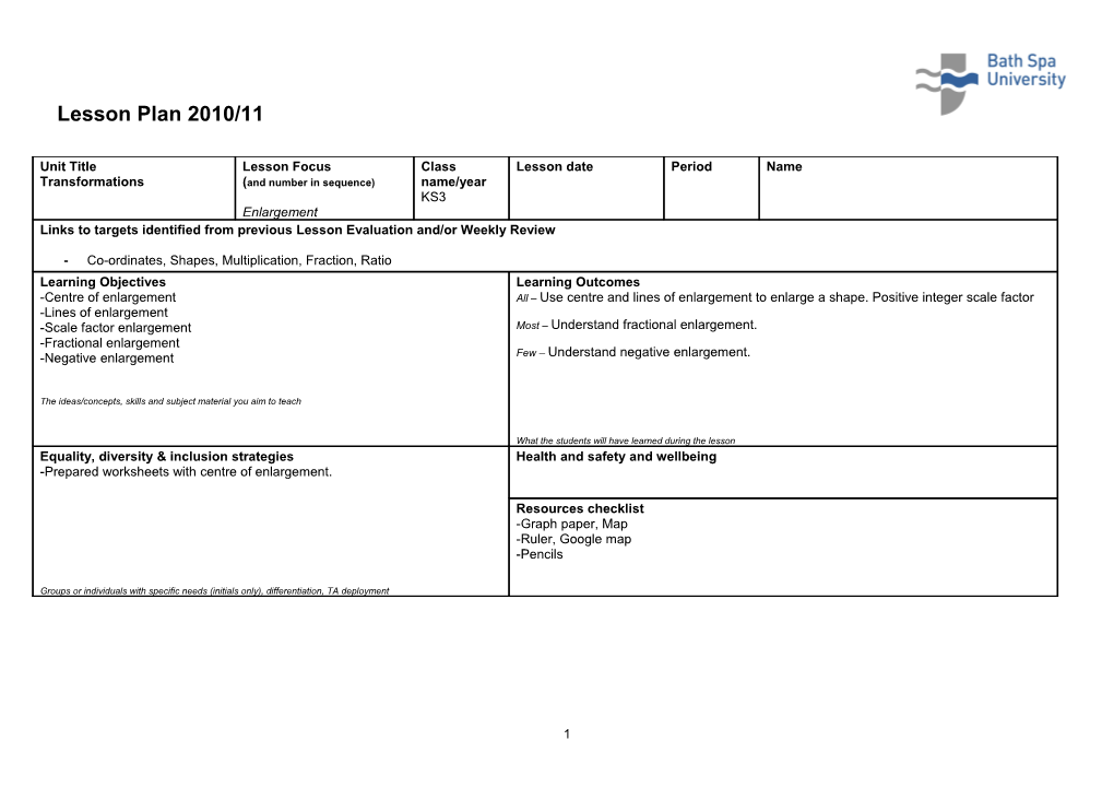 Bath Spa Teacher Signature Mentor Signature Date