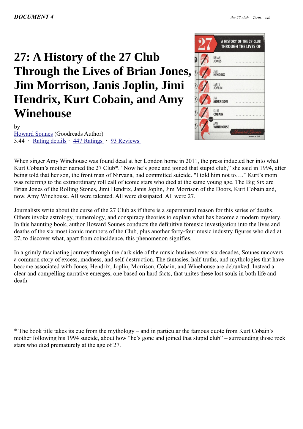 A History of the 27 Club Through the Lives of Brian Jones, Jim Morrison