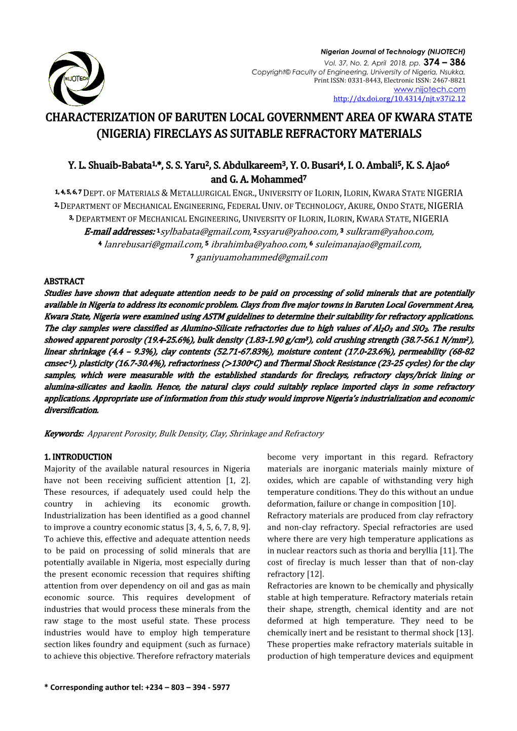 Characterization of Baruten Local Government Area of Kwara State (Nigeria) Fireclays As Suitable Refractory Materials
