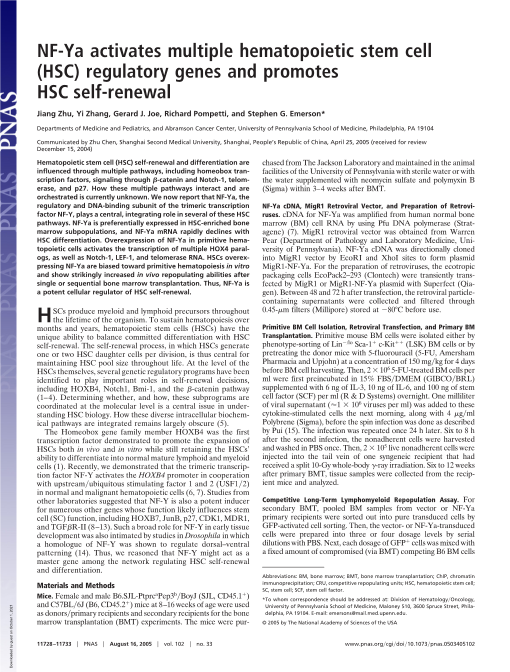 NF-Ya Activates Multiple Hematopoietic Stem Cell (HSC) Regulatory Genes and Promotes HSC Self-Renewal