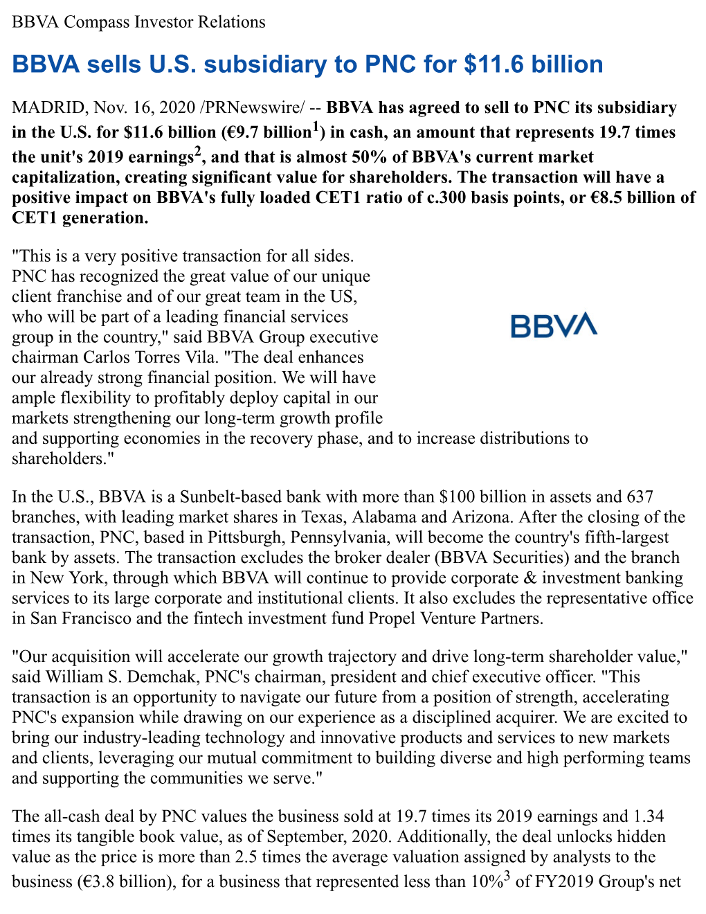 BBVA Sells U.S. Subsidiary to PNC for $11.6 Billion