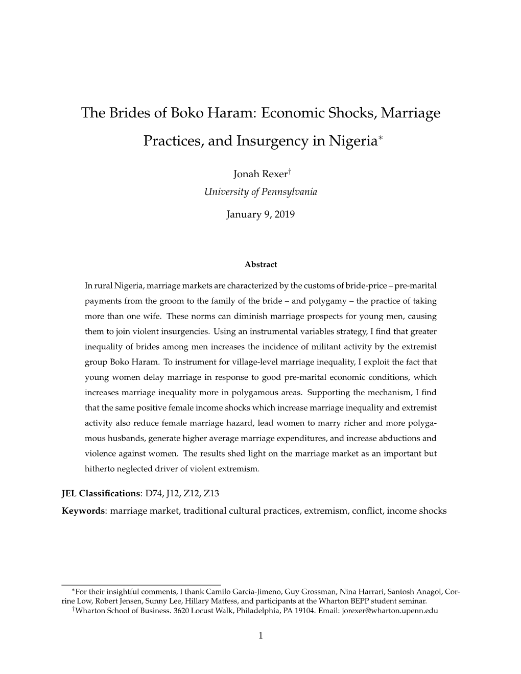 The Brides of Boko Haram: Economic Shocks, Marriage Practices, and Insurgency in Nigeria∗