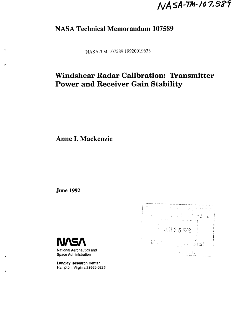 Windshear Radar Calibration: Transmitter Power and Receiver Gain Stability