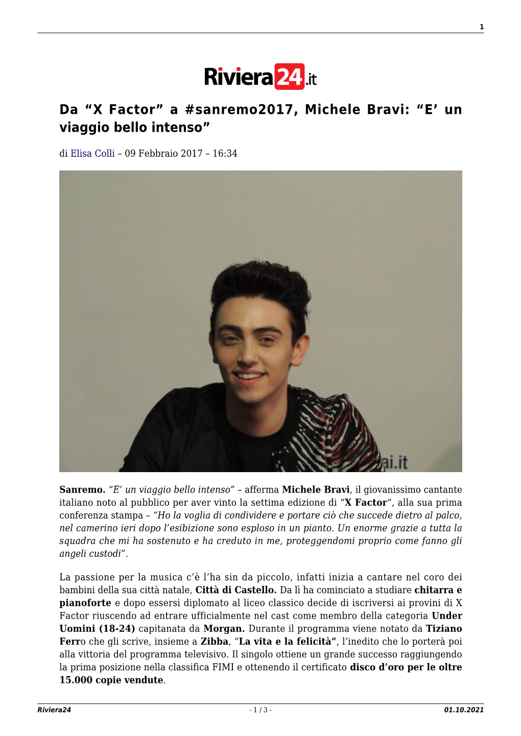 Da “X Factor” a #Sanremo2017, Michele Bravi: “E' Un