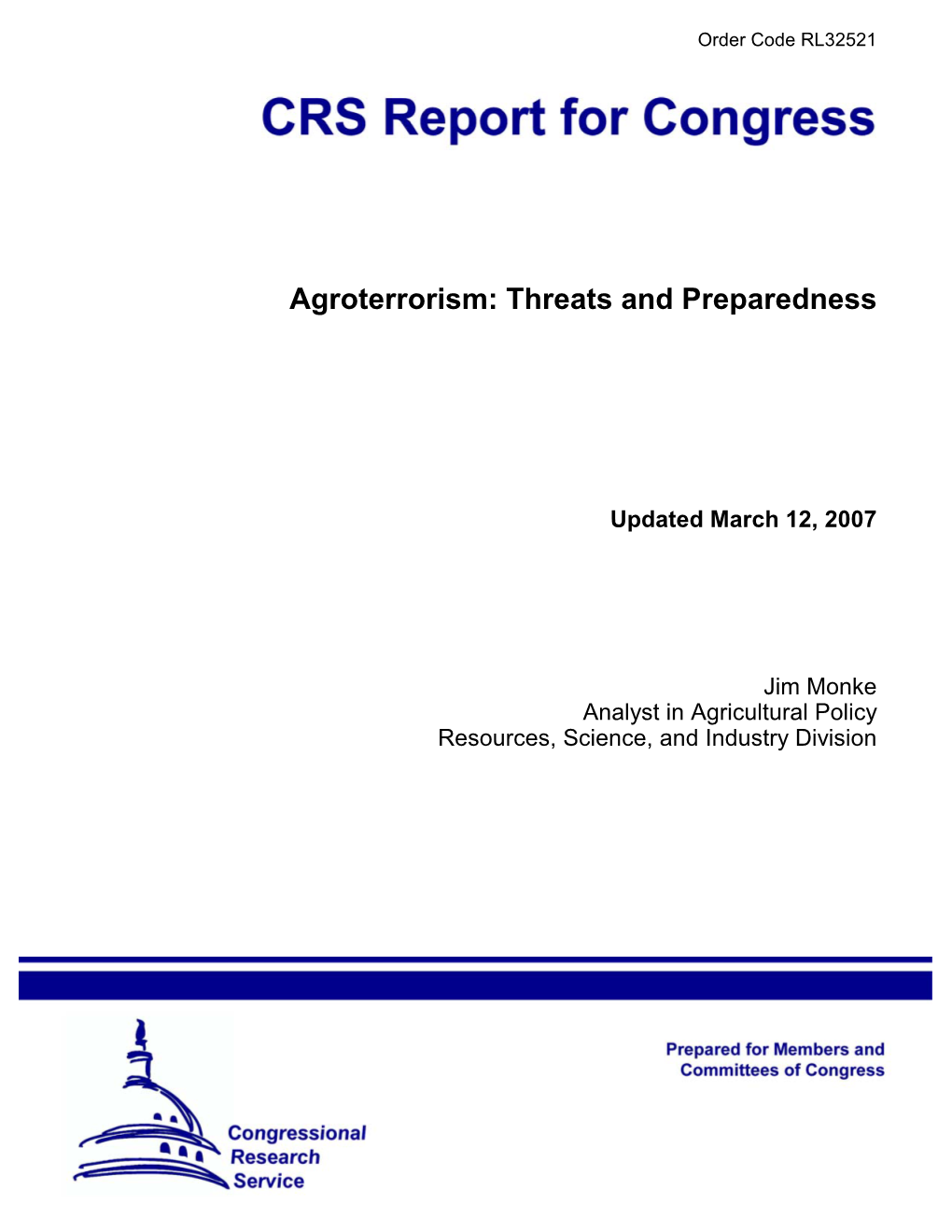 Agroterrorism: Threats and Preparedness