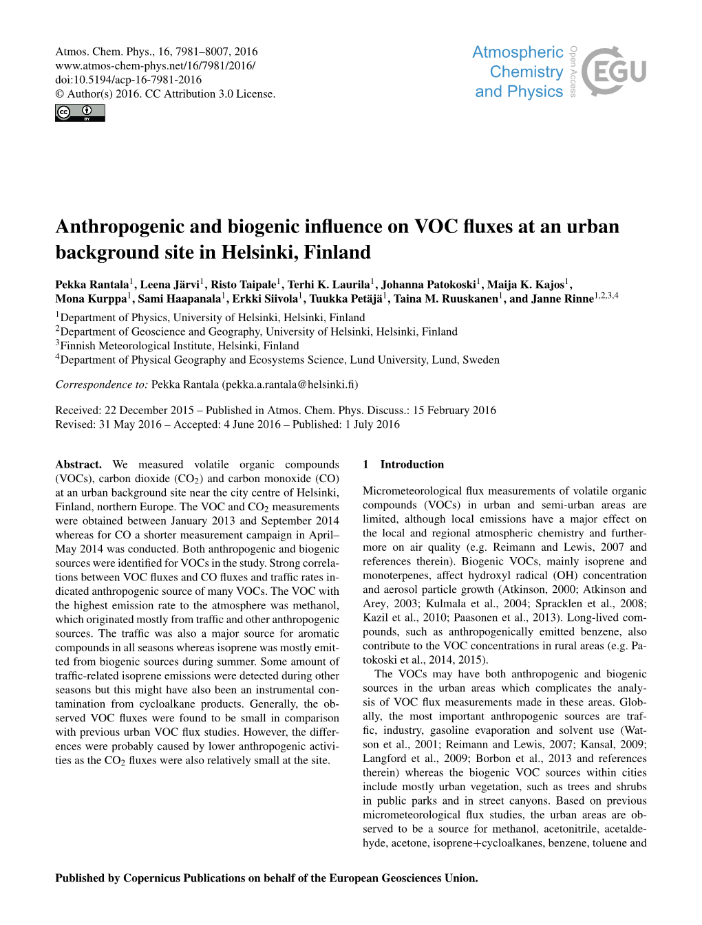Anthropogenic and Biogenic Influence on VOC Fluxes at an Urban