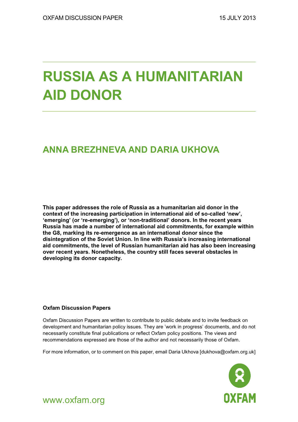 Russia As a Humanitarian Aid Donor