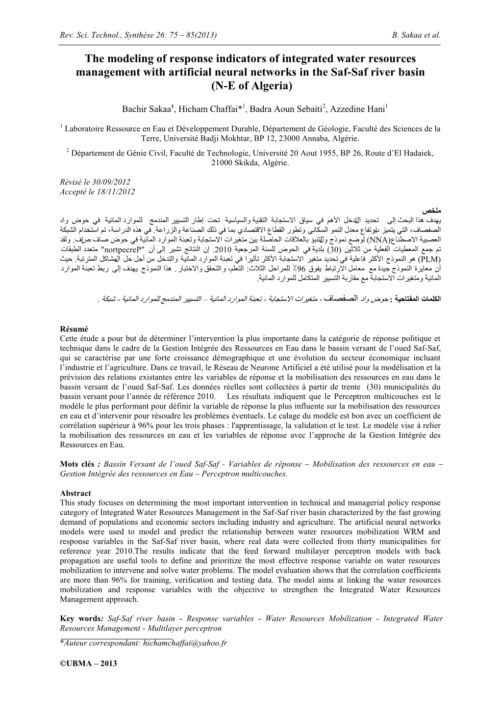 The Modeling of Response Indicators of Integrated Water Resources Management with Artificial Neural Networks in the Saf-Saf River Basin (N-E of Algeria)