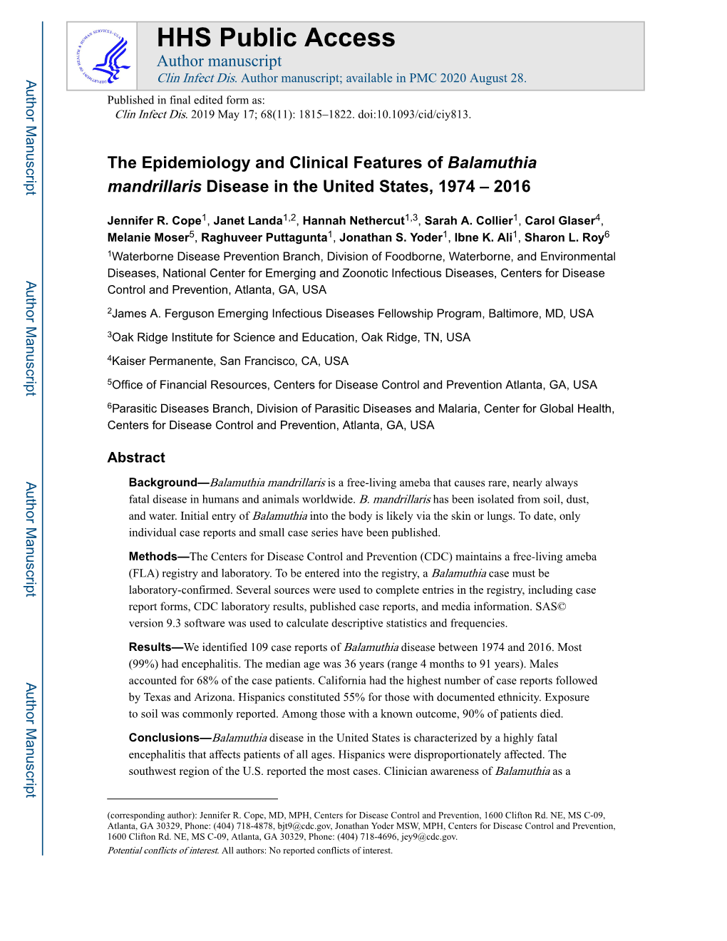 The Epidemiology and Clinical Features of Balamuthia Mandrillaris Disease in the United States, 1974 – 2016