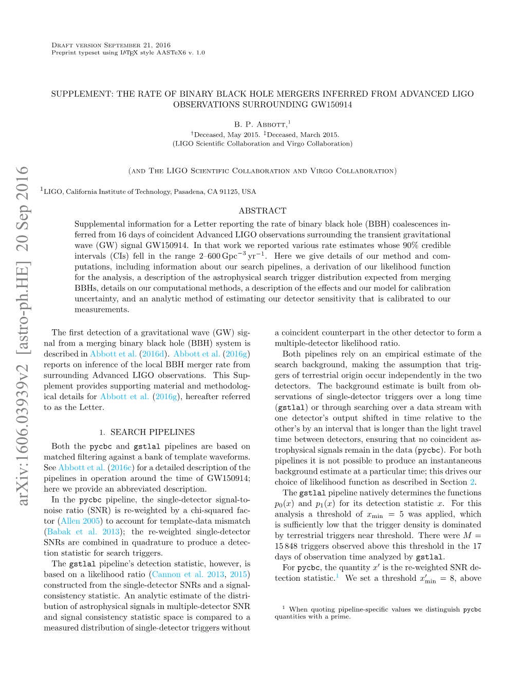 Arxiv:1606.03939V2 [Astro-Ph.HE] 20 Sep 2016 P0(X) and P1(X) for Its Detection Statistic X