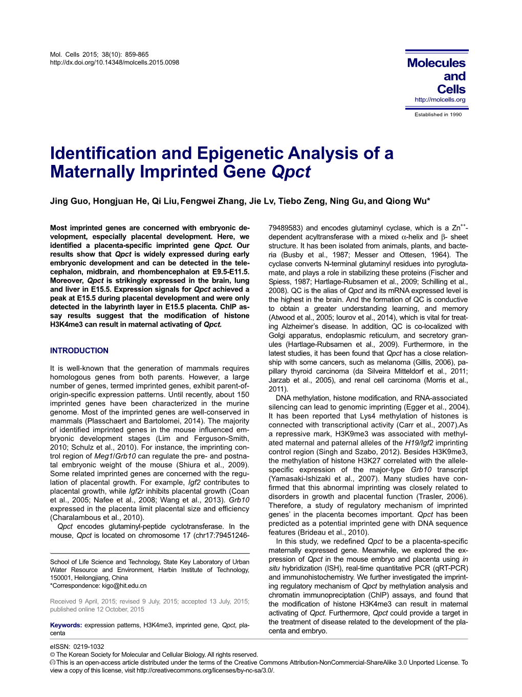 Identification and Epigenetic Analysis of a Maternally Imprinted Gene Qpct