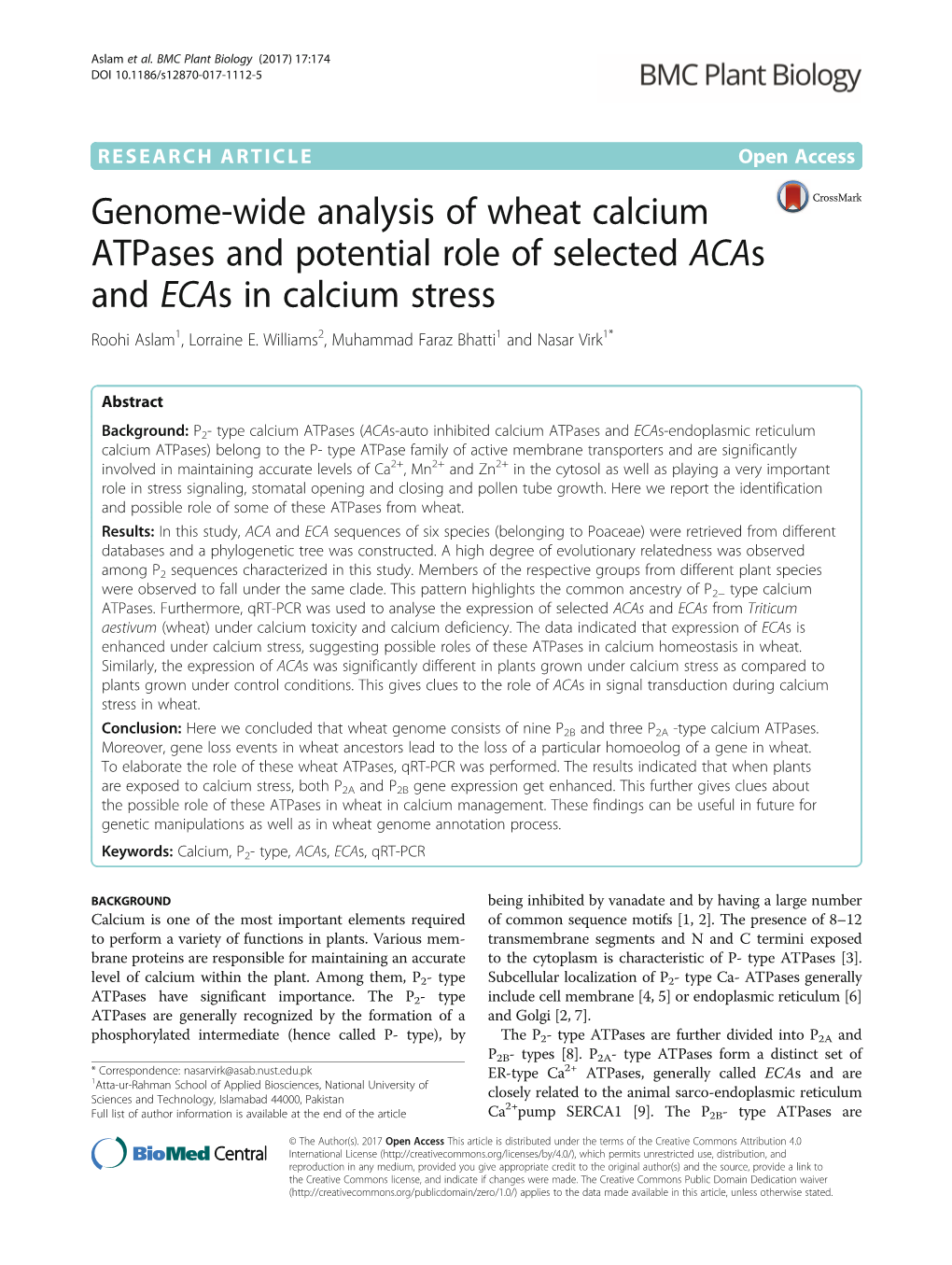 Genome-Wide Analysis of Wheat Calcium Atpases and Potential Role of Selected Acas and Ecas in Calcium Stress Roohi Aslam1, Lorraine E