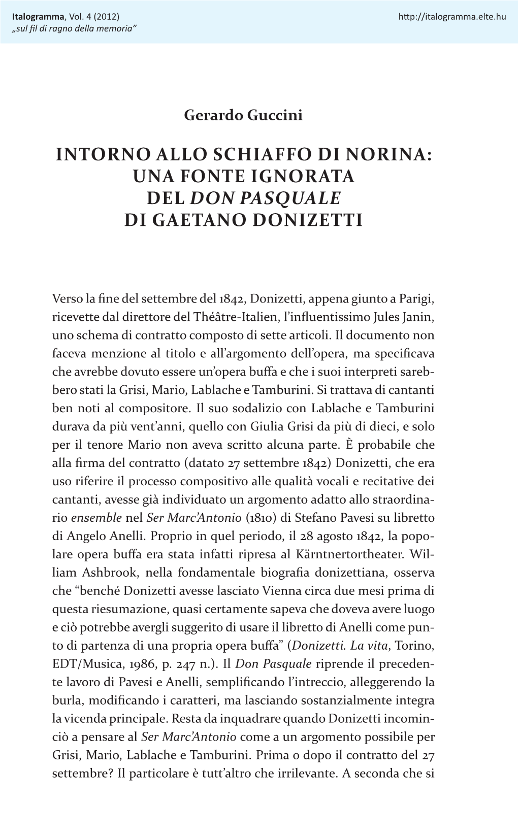 Una Fonte Ignorata Del Don Pasquale Di Gaetano Donizetti