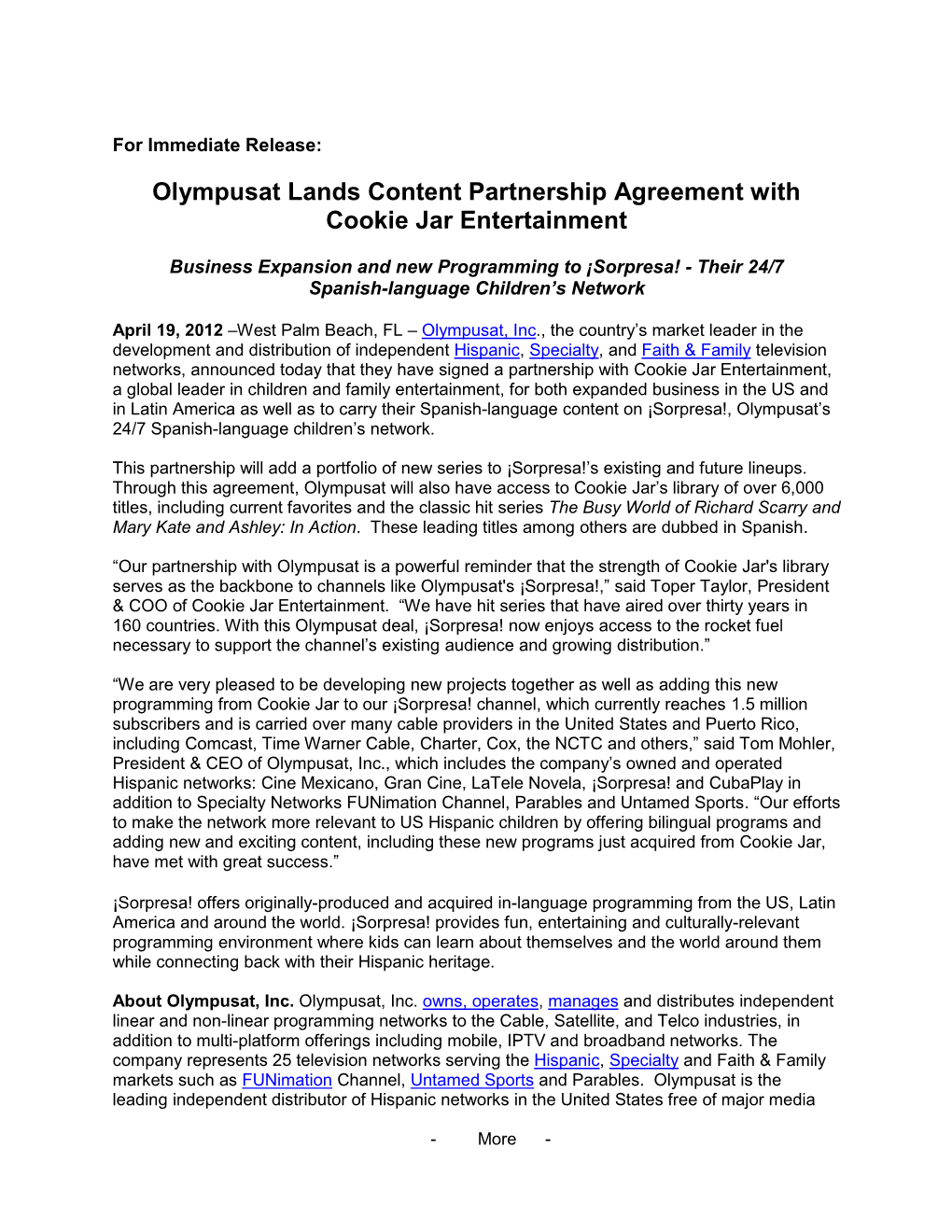 Olympusat Lands Content Partnership Agreement with Cookie Jar Entertainment