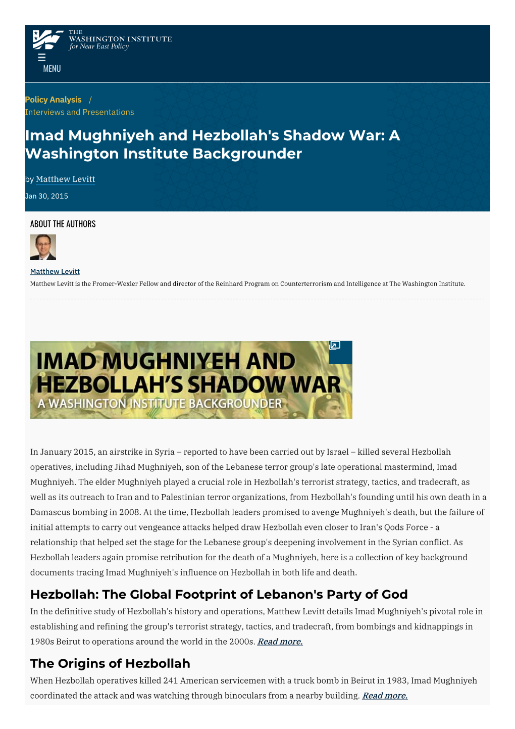 Imad Mughniyeh and Hezbollah's Shadow War: a Washington Institute Backgrounder by Matthew Levitt