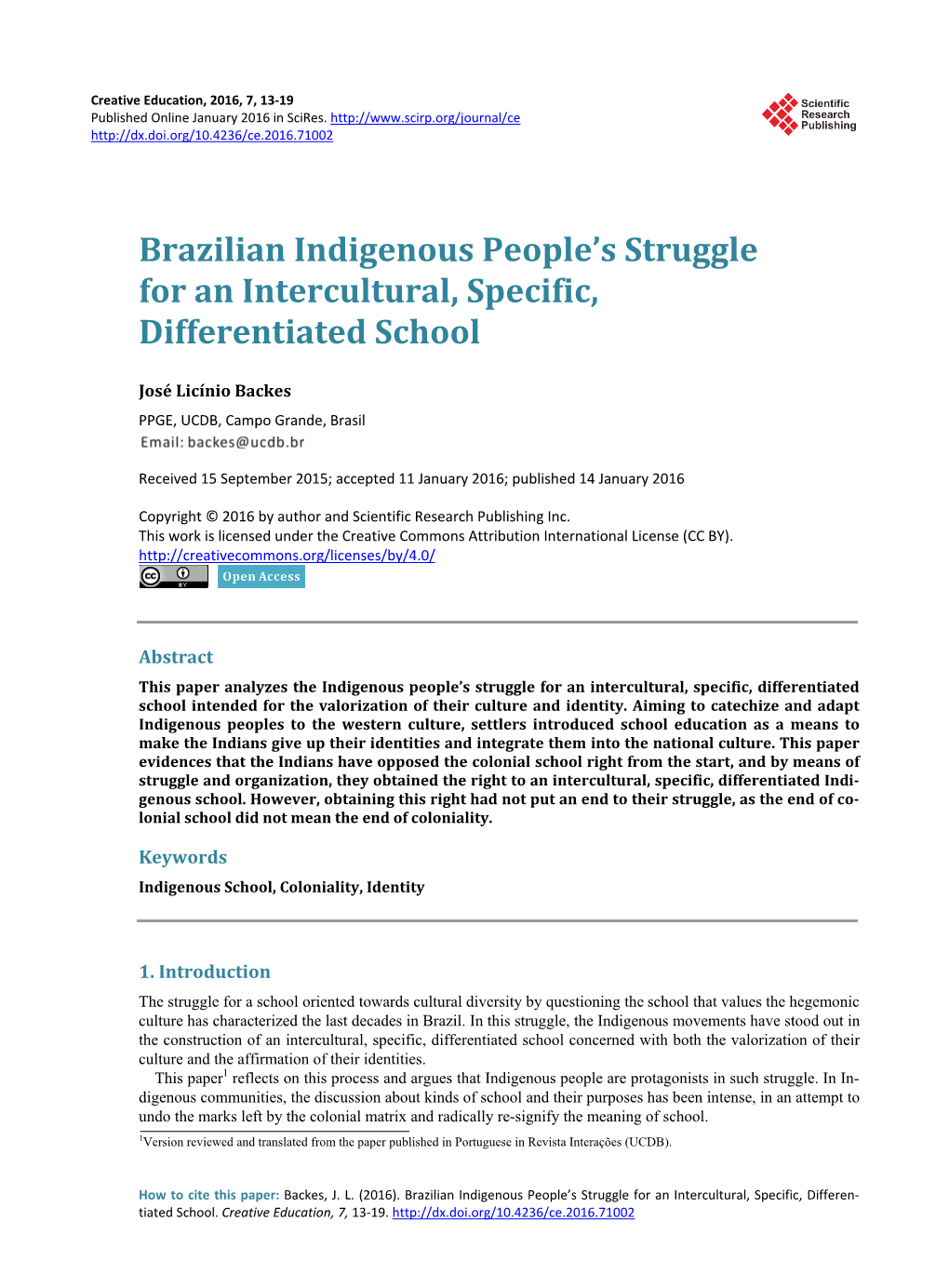 Brazilian Indigenous People's Struggle for an Intercultural, Specific