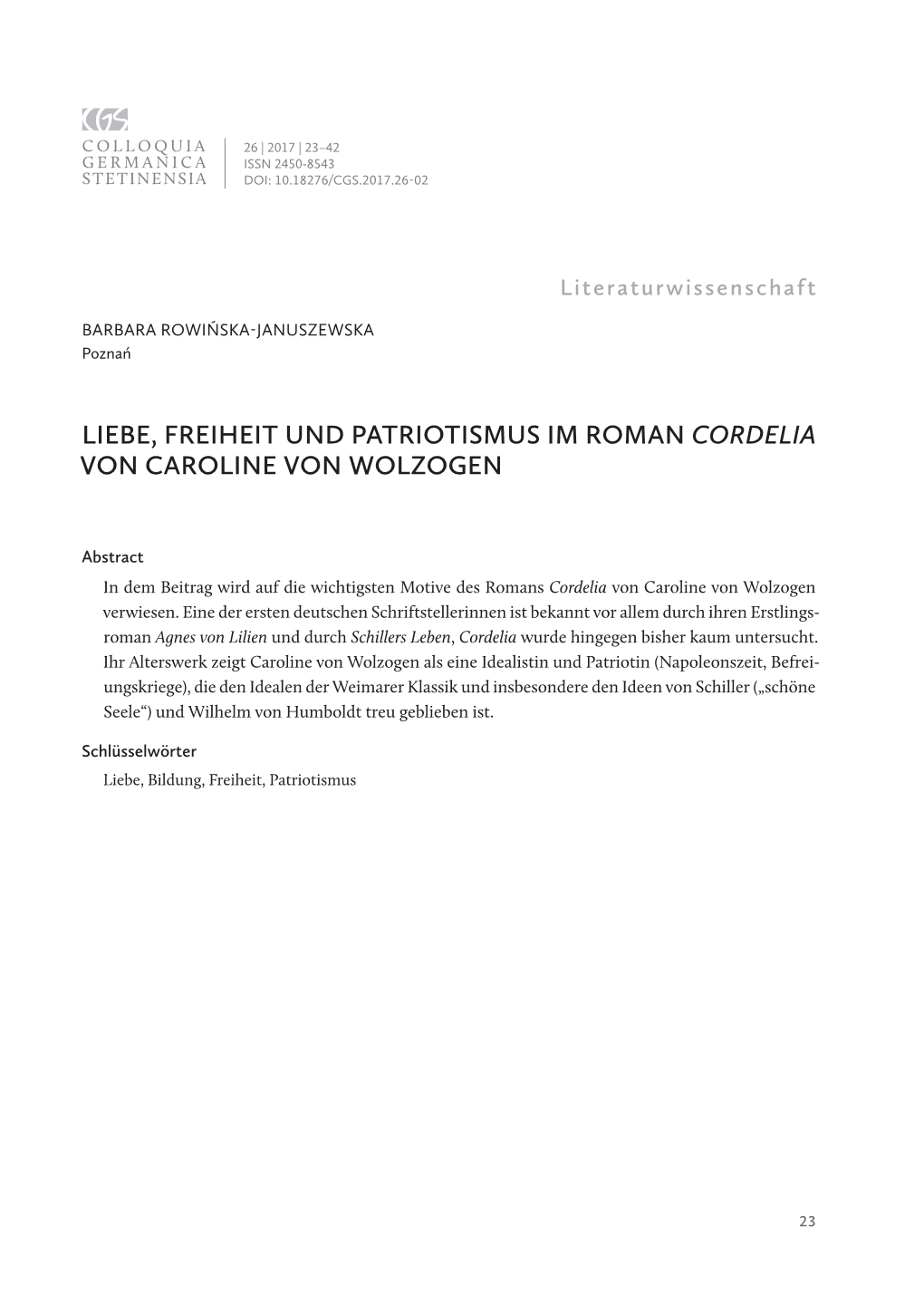 Liebe, Freiheit Und Patriotismus Im Roman Cordelia Von Caroline Von Wolzogen