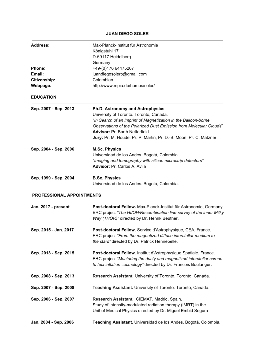 JUAN DIEGO SOLER Address: Max-Planck-Institut Für Astronomie