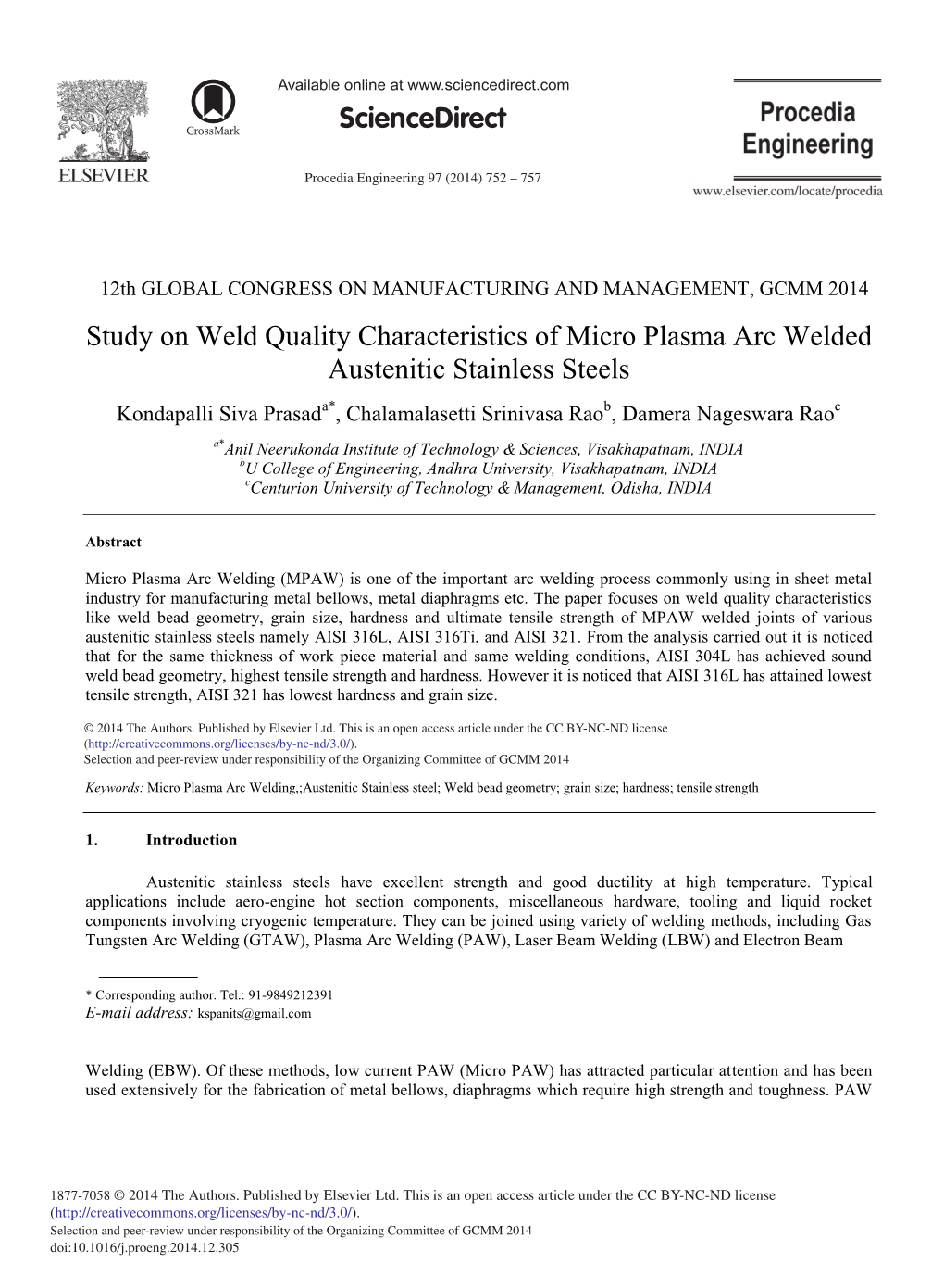 Study on Weld Quality Characteristics of Micro Plasma Arc Welded Austenitic Stainless Steels