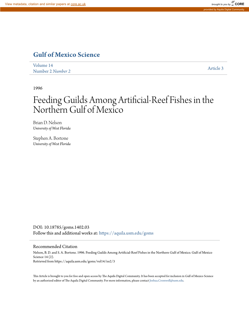 Feeding Guilds Among Artificial-Reef Fishes in the Northern Gulf of Mexico Brian D