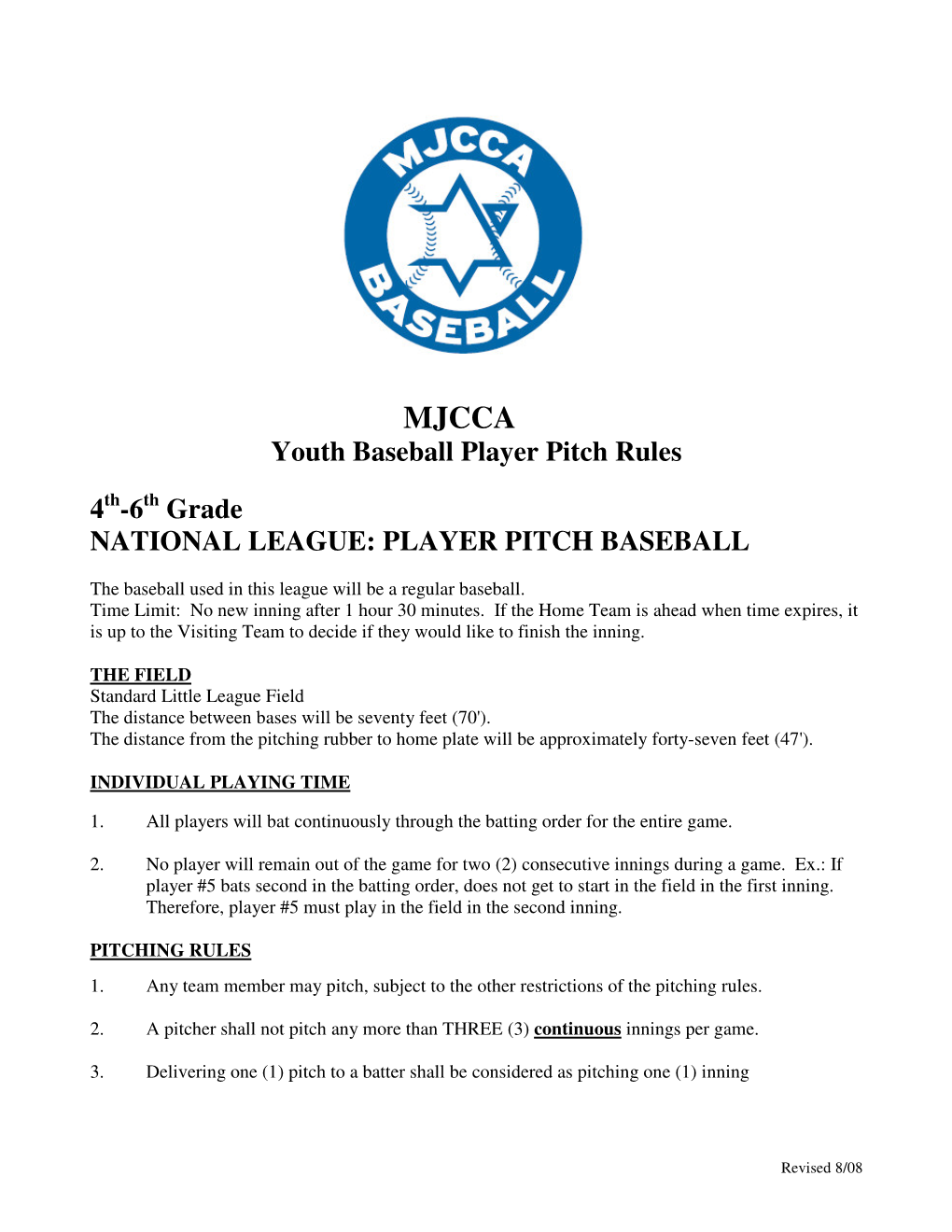 Youth Baseball Player Pitch Rules 4Th-6Th Grade NATIONAL LEAGUE